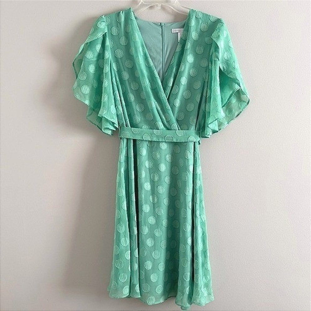 London Times Whimsical Mint Green Clip Dot V-Neck Flutter Sleeve Dress Size 6